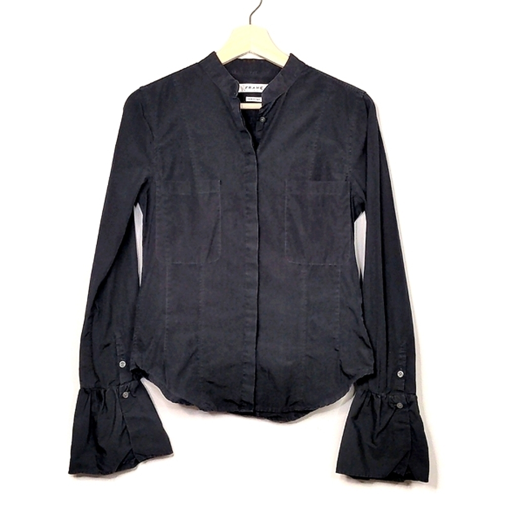 Frame Denim Button Down Blouse Bell Sleeve Black Standing Victorian Size Xs